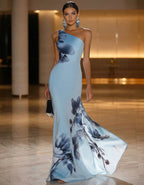 Light Blue Satin Ink Wash Floral Sloping Shoulder Fishtail Maxi Dress