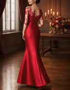 Solid Color Lace Patchwork Satin Fishtail Maxi Dress