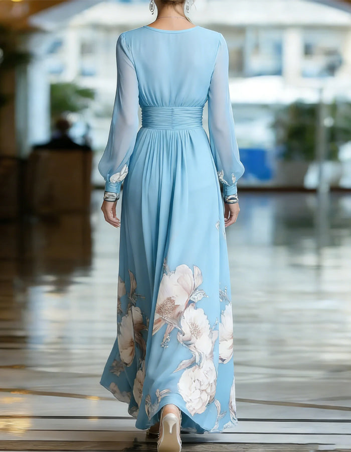 Solid Color Chiffon V-Neck Printed Long Sleeve Maxi Dress