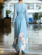Solid Color Chiffon V-Neck Printed Long Sleeve Maxi Dress