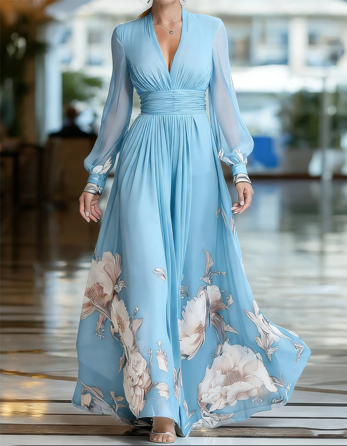 Solid Color Chiffon V-Neck Printed Long Sleeve Maxi Dress