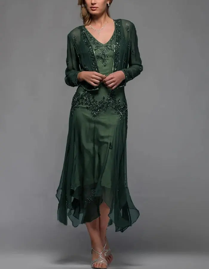 Mesh Sequined Suspender Midi Dress Suit