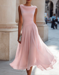 Draped Neck Chiffon Midi Dress