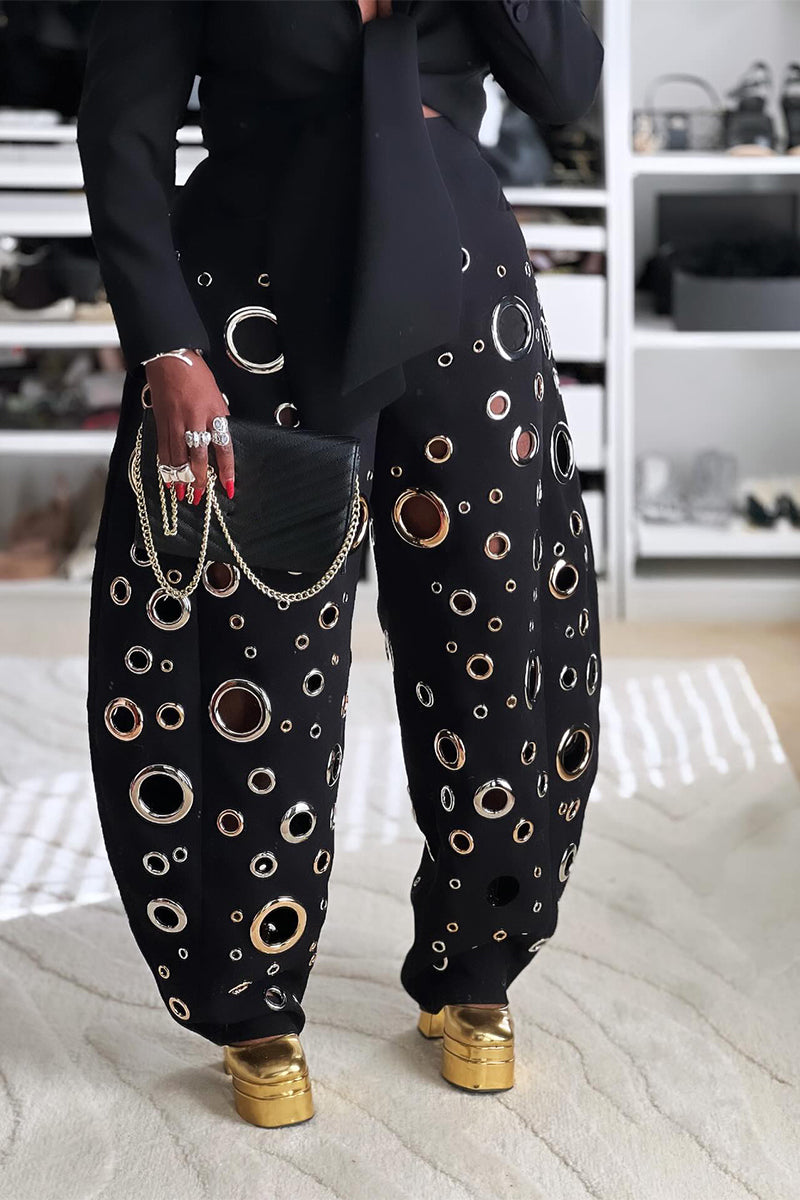 Women's Casual Metal-Eyelet Cutout Barrel Pants & Cropped Jacket