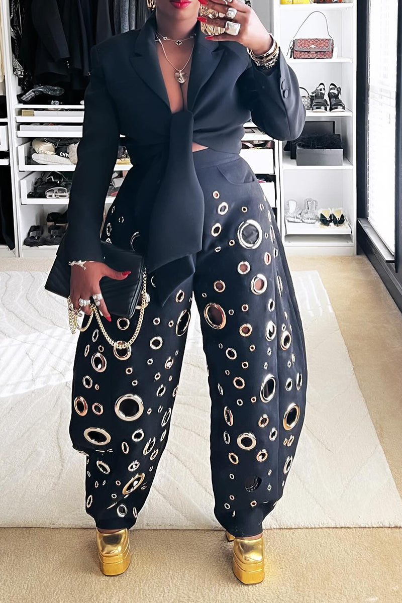 Women's Casual Metal-Eyelet Cutout Barrel Pants & Cropped Jacket