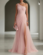 One-Shoulder Pleated Tulle Slit Maxi Dress