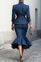 Women's Elegant Bow Denim Shirts & Fishtail Skirt