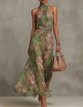 Sage Green Halter Neck Floral Chiffon Maxi Dress