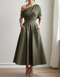 Olive Green Satin One-Shoulder Midi Dress