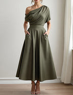 Olive Green Satin One-Shoulder Midi Dress