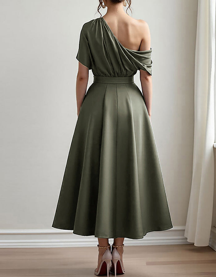 Olive Green Satin One-Shoulder Midi Dress