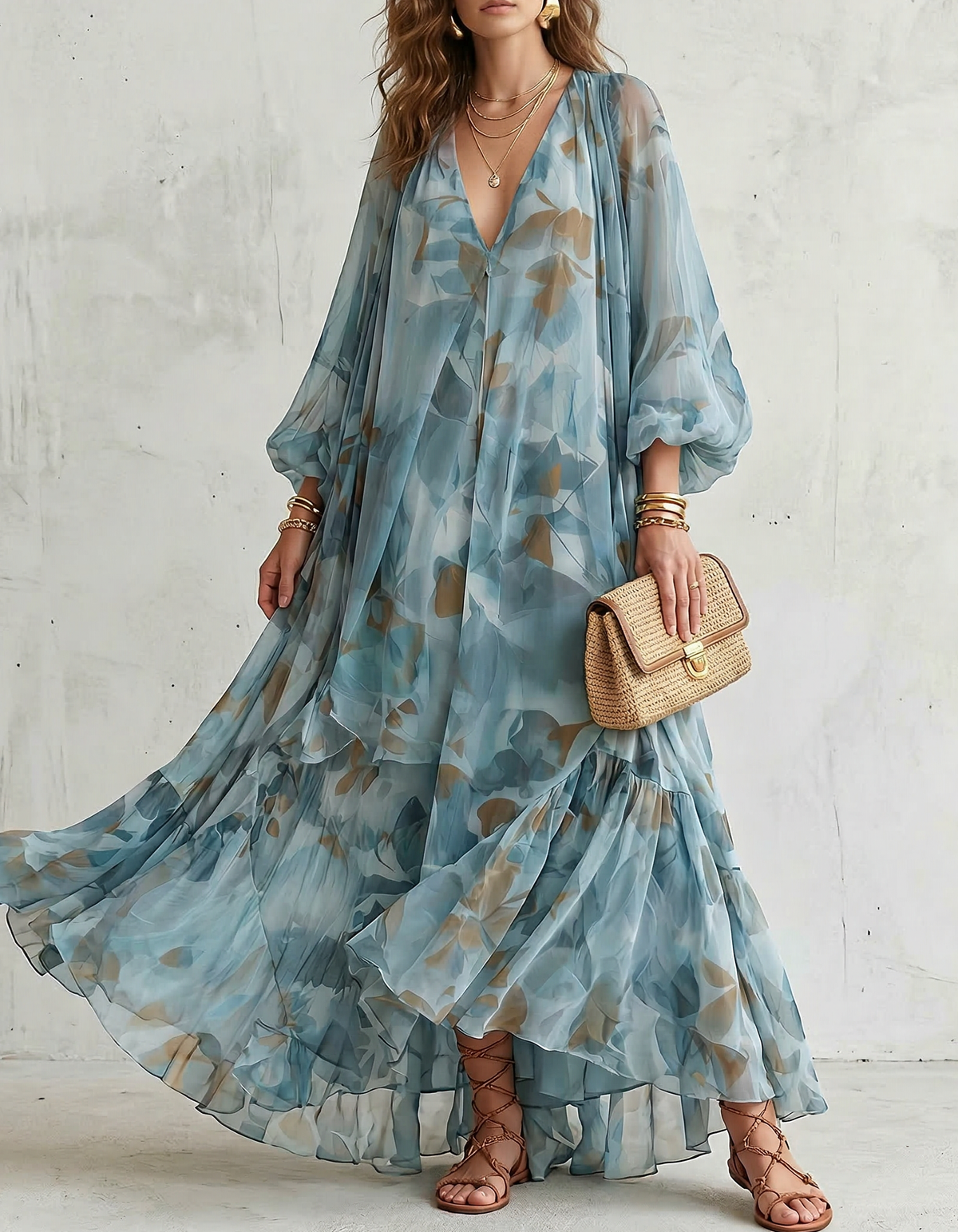 Blue-Grey Chiffon Printed Maxi Dress