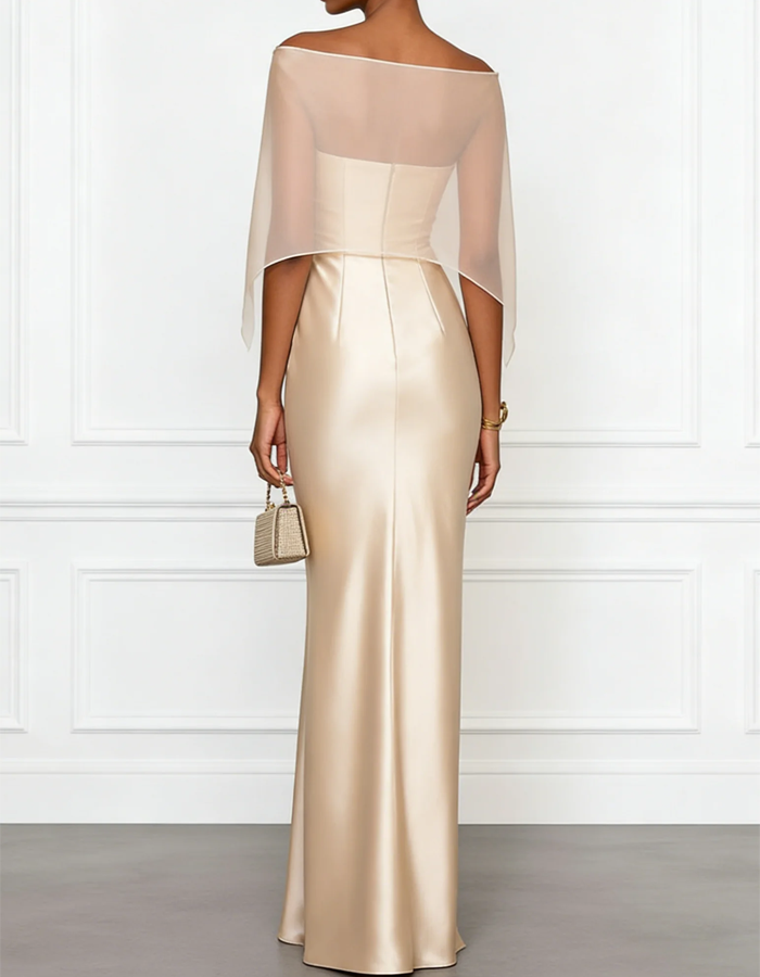 Satin Off-Shoulder With Chiffon Shawl Maxi Dress