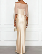 Satin Off-Shoulder With Chiffon Shawl Maxi Dress