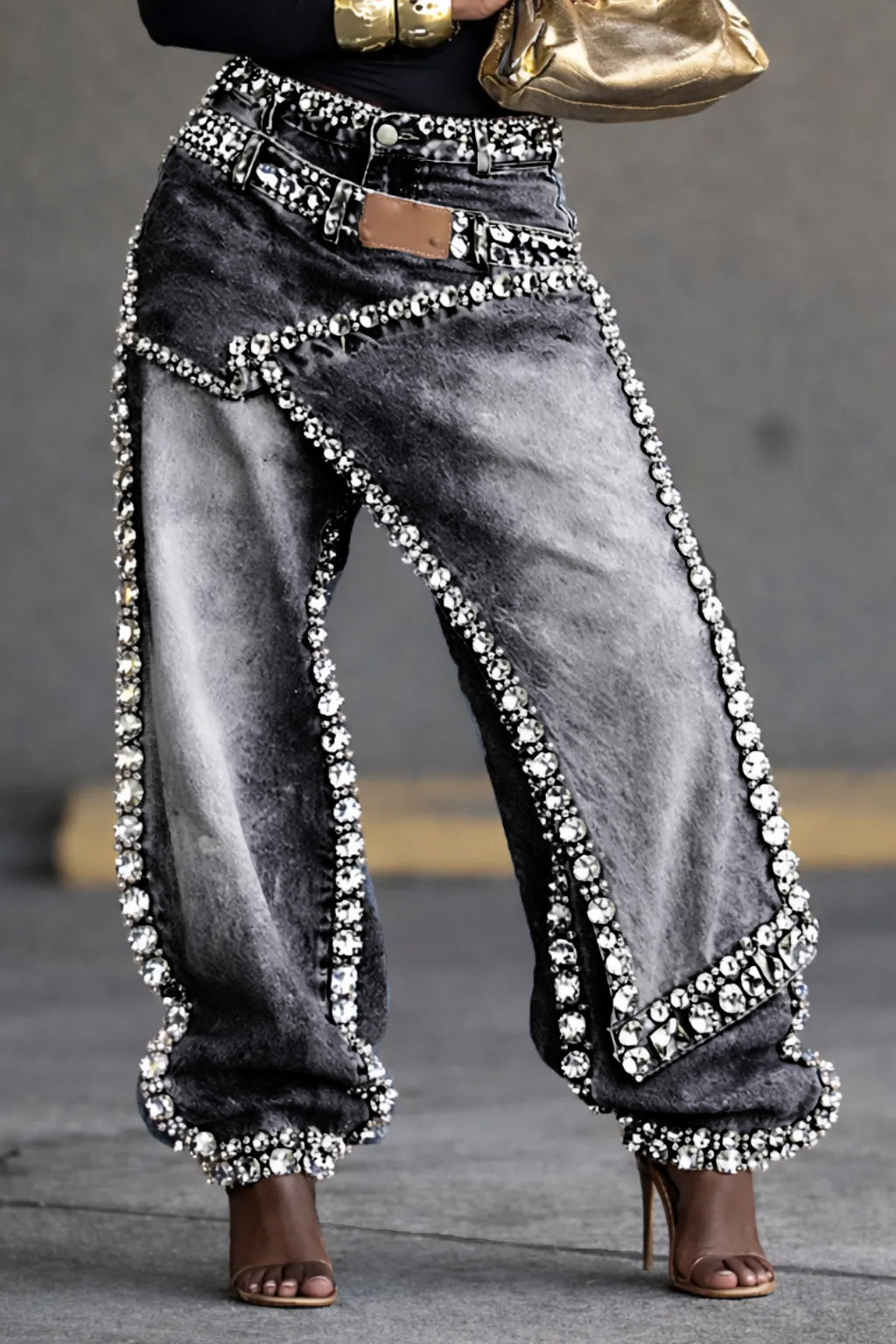 Women's Rhinestone-studded Faux Two-piece Jeans