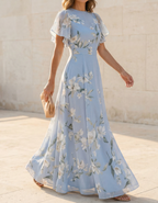 Light Blue Chiffon Round Neck Ruffle Print Maxi Dress