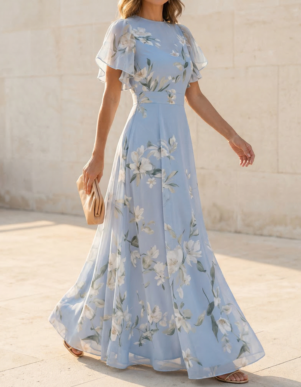 Light Blue Chiffon Round Neck Ruffle Print Maxi Dress