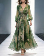 Green Floral Chiffon Wrap Maxi Dress