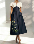 Ivory & Navy Floral Embroidered Midi Dress