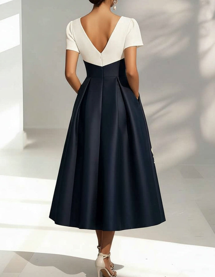 Ivory & Navy Floral Embroidered Midi Dress