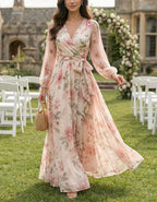 Pink Floral V-Neck Tie Chiffon Maxi Dress