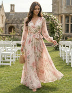 Pink Floral V-Neck Tie Chiffon Maxi Dress