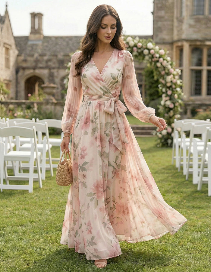 Pink Floral V-Neck Tie Chiffon Maxi Dress
