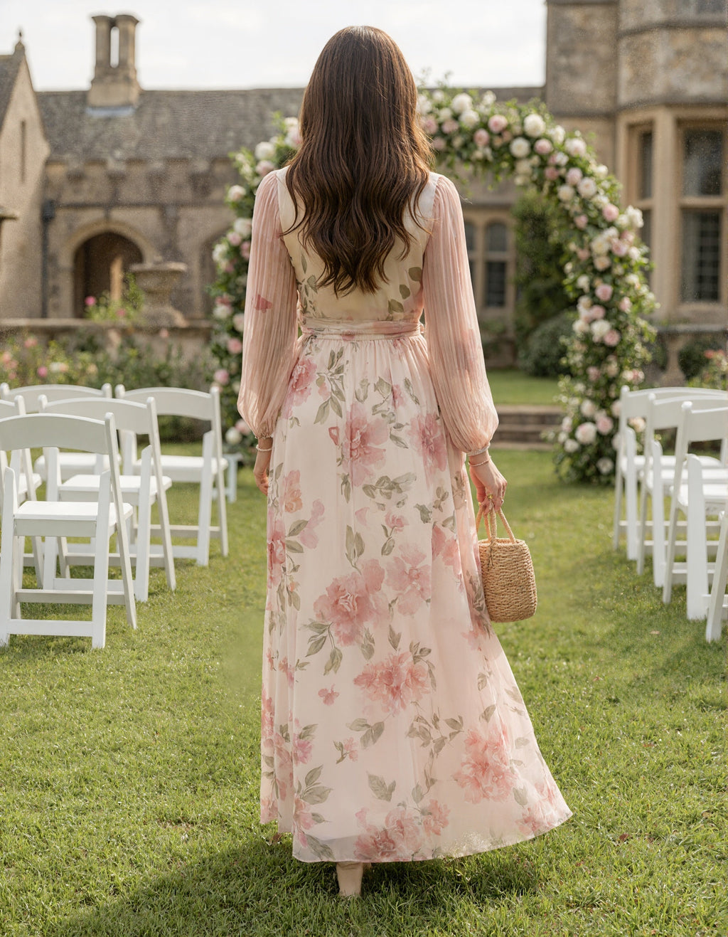 Pink Floral V-Neck Tie Chiffon Maxi Dress