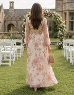 Pink Floral V-Neck Tie Chiffon Maxi Dress