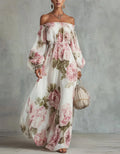 White Chiffon With Pink Rose Print Off Shoulder Design Maxi Dress