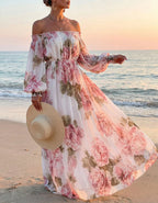 White Chiffon With Pink Rose Print Off Shoulder Design Maxi Dress