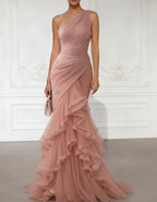 One-Shoulder Draped Tulle Mermaid Gown Maxi Dress