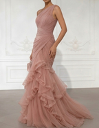 One-Shoulder Draped Tulle Mermaid Gown Maxi Dress