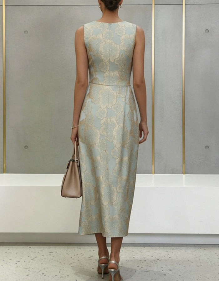 Sage Green Gold Floral Jacquard Sleeveless Midi Dress