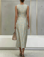 Sage Green Gold Floral Jacquard Sleeveless Midi Dress