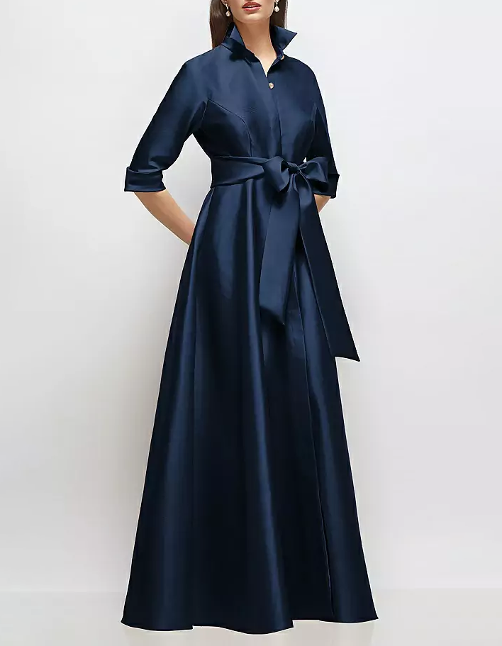 Navy Blue Satin Mid-Length Sleeve Belted Shirt Maxi Dress