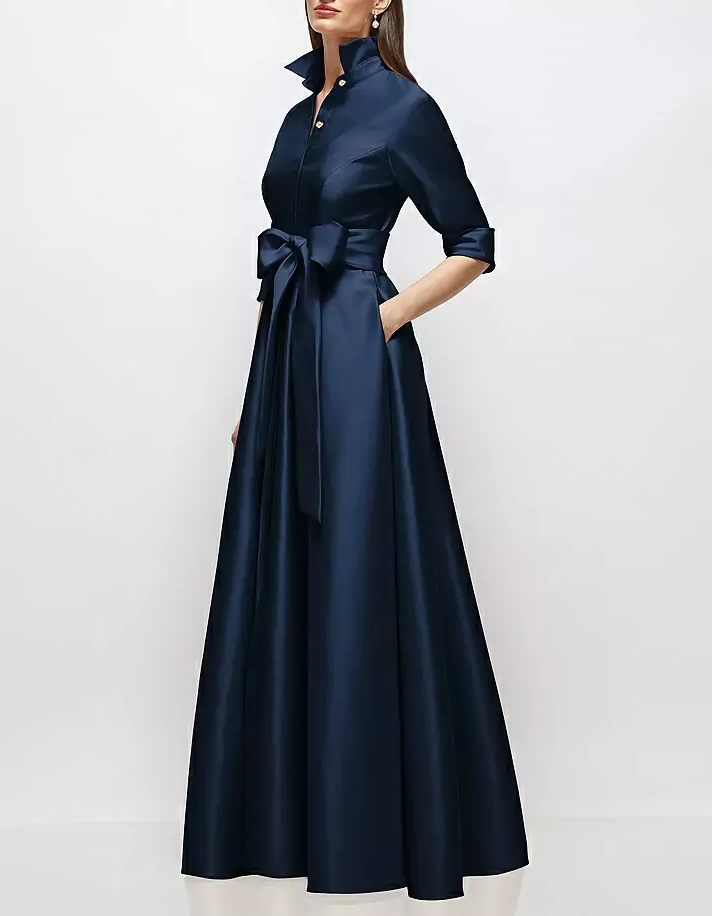 Navy Blue Satin Mid-Length Sleeve Belted Shirt Maxi Dress