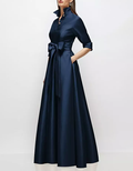 Navy Blue Satin Mid-Length Sleeve Belted Shirt Maxi Dress