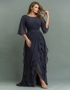 Navy Blue Round Neck Appliqué Twisted Ruffle Chiffon Maxi Dress