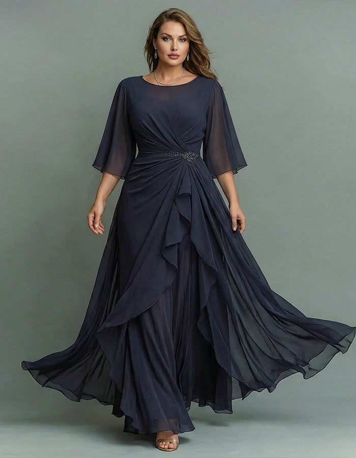 Navy Blue Round Neck Appliqué Twisted Ruffle Chiffon Maxi Dress