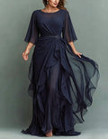 Navy Blue Round Neck Appliqué Twisted Ruffle Chiffon Maxi Dress