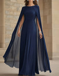 Navy Blue Cape-Sleeve Round Neckline Chiffon Maxi Dress