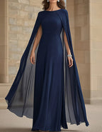 Navy Blue Cape-Sleeve Round Neckline Chiffon Maxi Dress