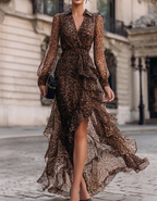 Brown Leopard-Print Chiffon Maxi Dress with Cinched Waist