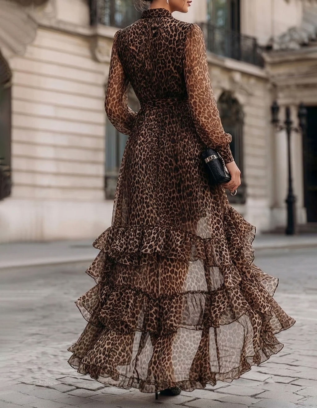 Brown Leopard-Print Chiffon Maxi Dress with Cinched Waist