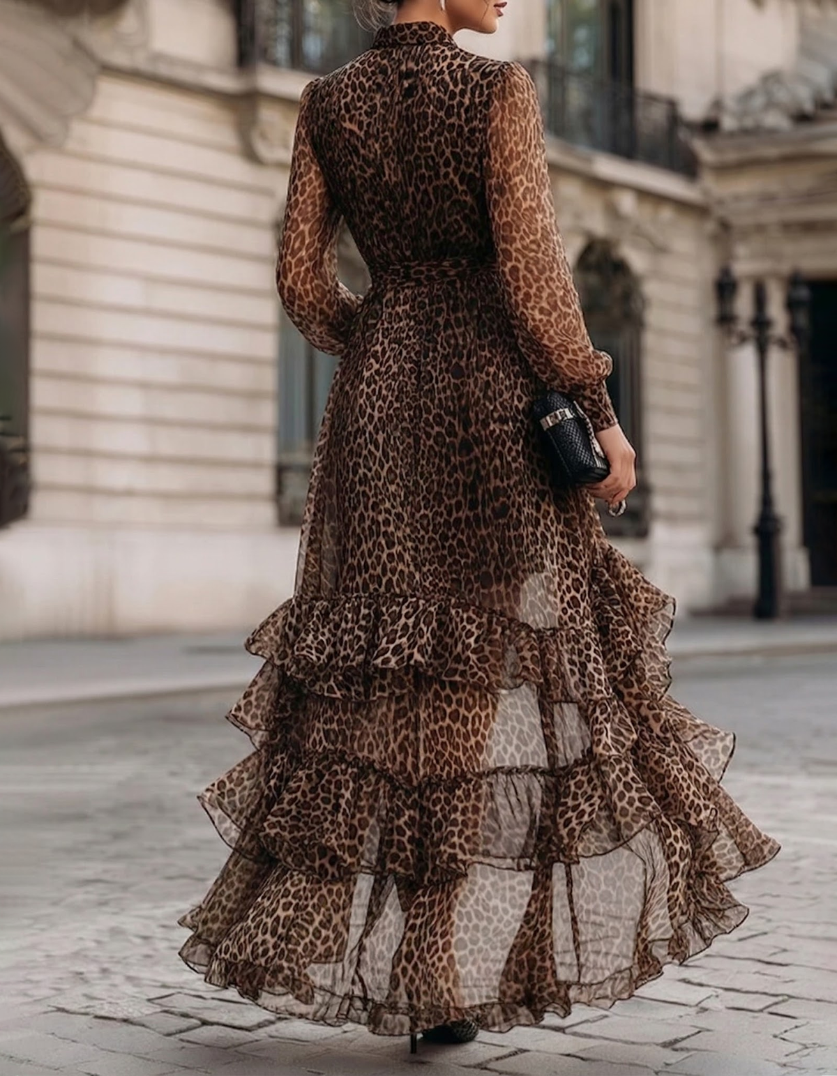 Brown Leopard-Print Chiffon Maxi Dress with Cinched Waist