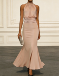 Apricot Halter-Neck Ruched Waist Midi Mermaid Dress
