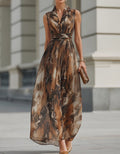 Brown Marble Print Sleeveless V-Neck Chiffon Maxi Dress