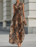 Brown Marble Print Sleeveless V-Neck Chiffon Maxi Dress