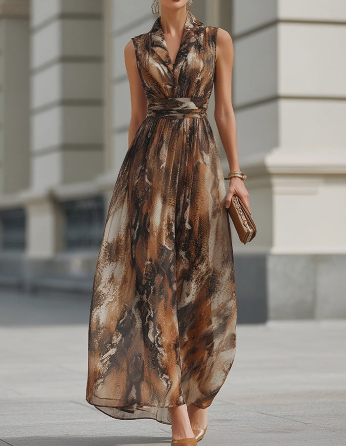 Brown Marble Print Sleeveless V-Neck Chiffon Maxi Dress